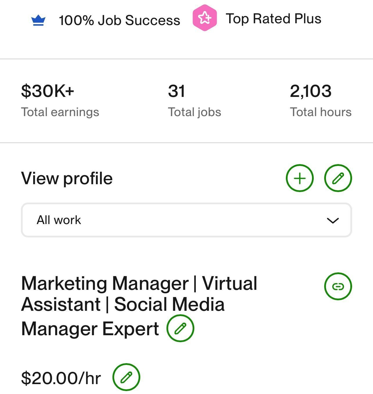 Profile summary showing job success, total earnings, jobs, hours, and roles with hourly rate.